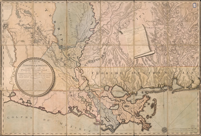 A map of New Orleans, Floriday and the Mississipi delta, by Barthélémy Lafon, c. 1806. Library of Congress. Public Domain.