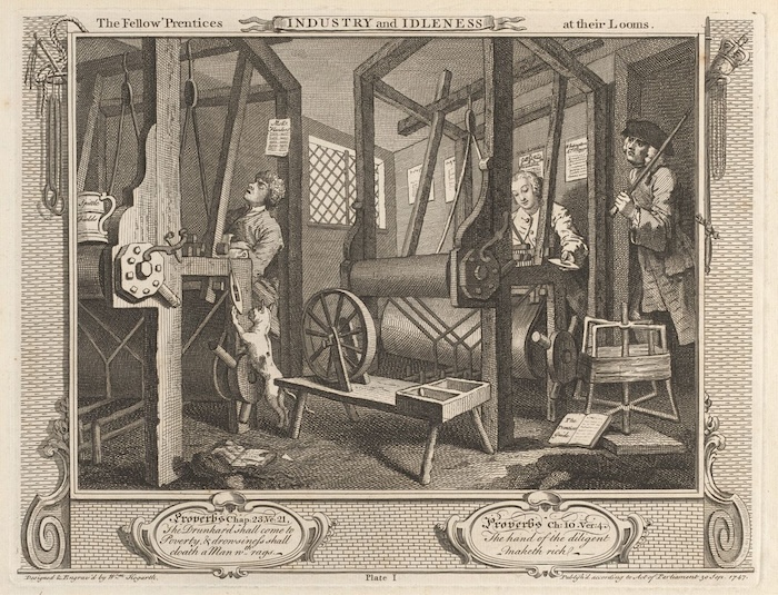 ‘The Fellow 'Prentices | INDUSTRY and IDLENESS | at their Looms’, by William Hogarth, 1747. Yale Center for British Art,Gift of Suzanne and William H. Speaker. Public Domain.