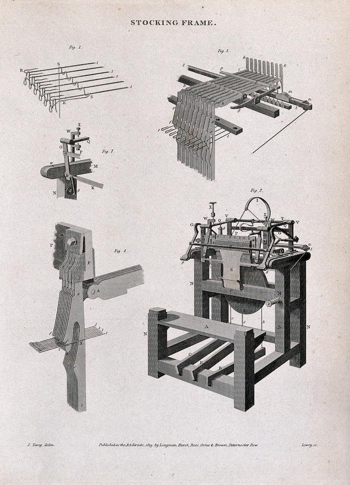 A stocking frame, by John Farey, 1819. Wellcome Collection. Public Domain.