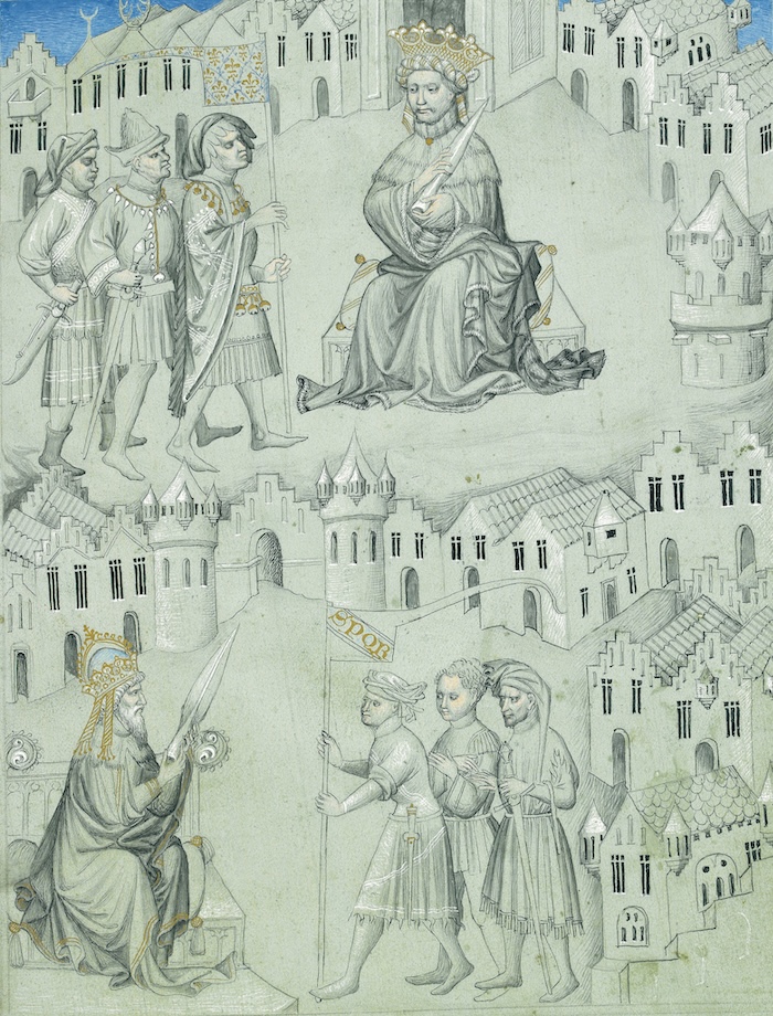 Charles VI of France and Manuel II Palaiologos with delegations, from The Travels of John Mandeville, early 15th century. British Library/Bridgeman Images.