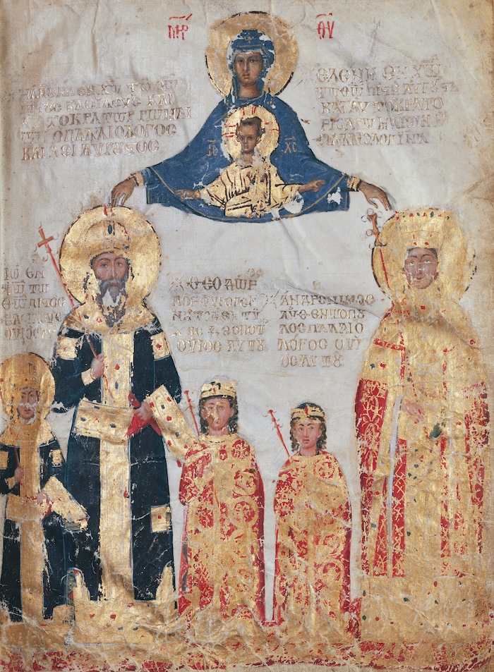 Manuel II Palaiologos and Empress Helena crowned by the Virgin and Child with their sons, from a manuscript made in Constantinople, 1403-05, presented by the emperor to the Abbey of St Denis following his tour. RMN-Grand Palais / Daniel Arnaudet/ Dist. Photo SCALA, Florence.