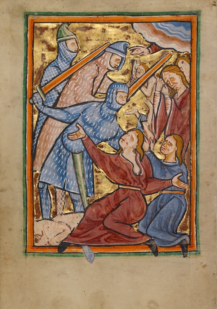 The Massacre of the Innocents, from a medieval Vita Christi, c. 1190-1200. The J. Paul Getty Museum, Los Angeles, Ms. 101, fol. 46v, 2008.3.46v. Public Domain.