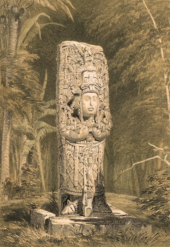 Idol at Copan believed to be Maya king Waxaklajun Ub'aah K'awiil, by Frederick Catherwood, 1844. ©John Carter Brown Library, Box 1894, Brown University, Providence, R.I. 02912.