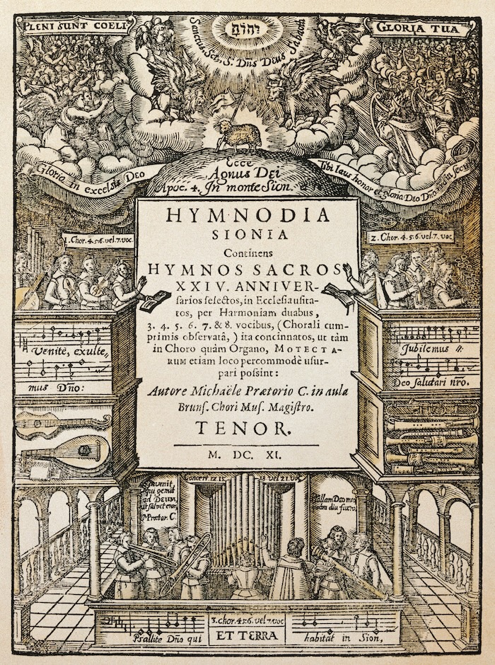 The title page to Hymnodia Sionia, by Michael Praetorius, 1611. Interfoto/Alamy Stock Photo.