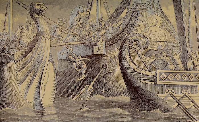 Roman and Carthagianian galleys in battle in the First Punic War, from Edward Shippen’s Naval Battles, Ancient and Modern, 1883. Library of Congress. Public Domain.