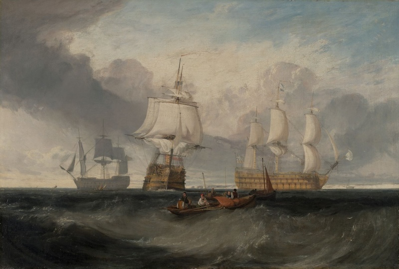 ’The Victory Returning from Trafalgar, in Three Positions‘, by Joseph Turner, c. 1806. Yale Center for British Art, Paul Mellon Collection. Public Domain.