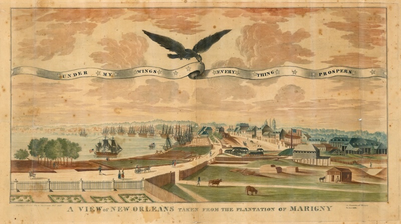 A View of New Orleans taken from the plantation of Marigny, 1803. American Geographical Society Library, University of Wisconsin-Milwaukee Libraries. Public Domain.