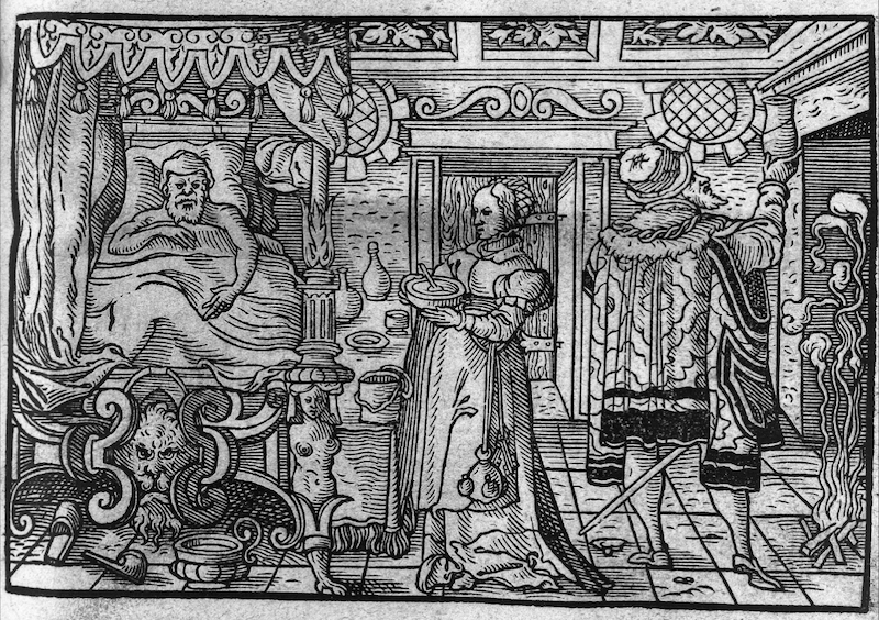 A physician examines a urine sample in Von der frantzösischen Kranckheit (About the French Diseases), 1553. Wellcome Collection. Public Domain.