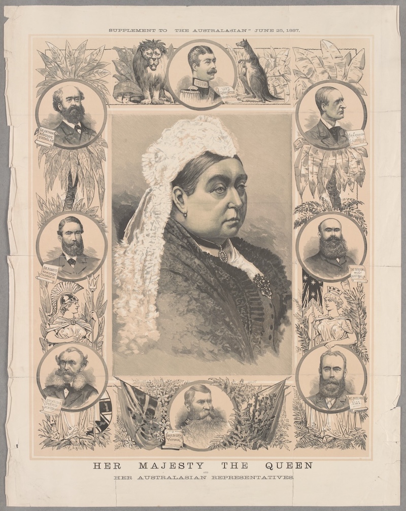 Queen Victoria and with ‘her Australasian Representatives’ Sir Anthony Musgrave (Queensland), Lord Carrington (New South Wales), Sir W. Robinson (South Australia), Sir F. Broome (West Australia), Sir C. Mitchell (Fiji), Sir H.B. Loch (Victoria), Sir William Jervois (New Zealand), Sir Robert Hamilton (Tasmania).