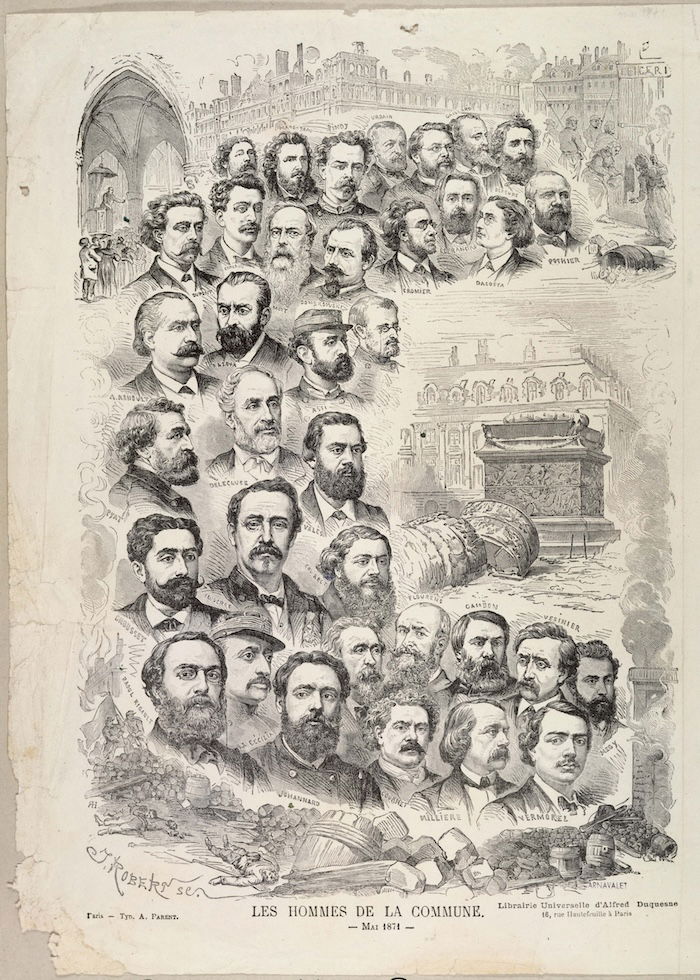 'Les hommes de la Commune', published in L'Illustration, 15 July 1871, by Jules Robert. Raoul Rigault is positioned bottom left. Musée Carnavalet, Histoire de Paris. Public Domain.