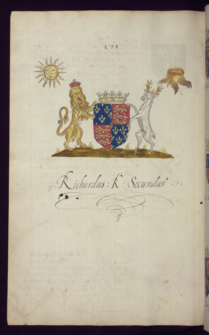 The coat of arms of Richard II, from a book of heraldry belonging to the Spencer family, c. 1598. The Walters Art Museum. Public Domain.