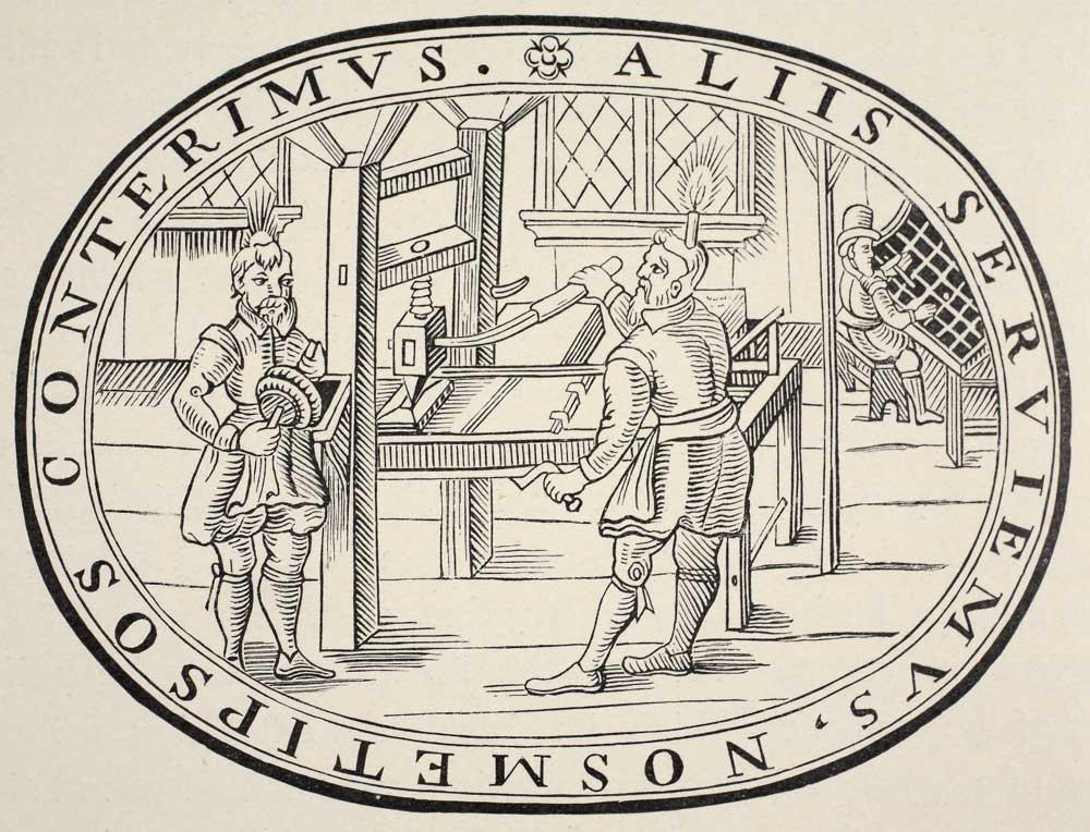 An English printing house, engraving, 1619.