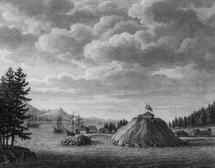 The Russian fort at Sitka, Alaska, by G. von Langsdorff, 1812. Library of Congress. Public Domain. 