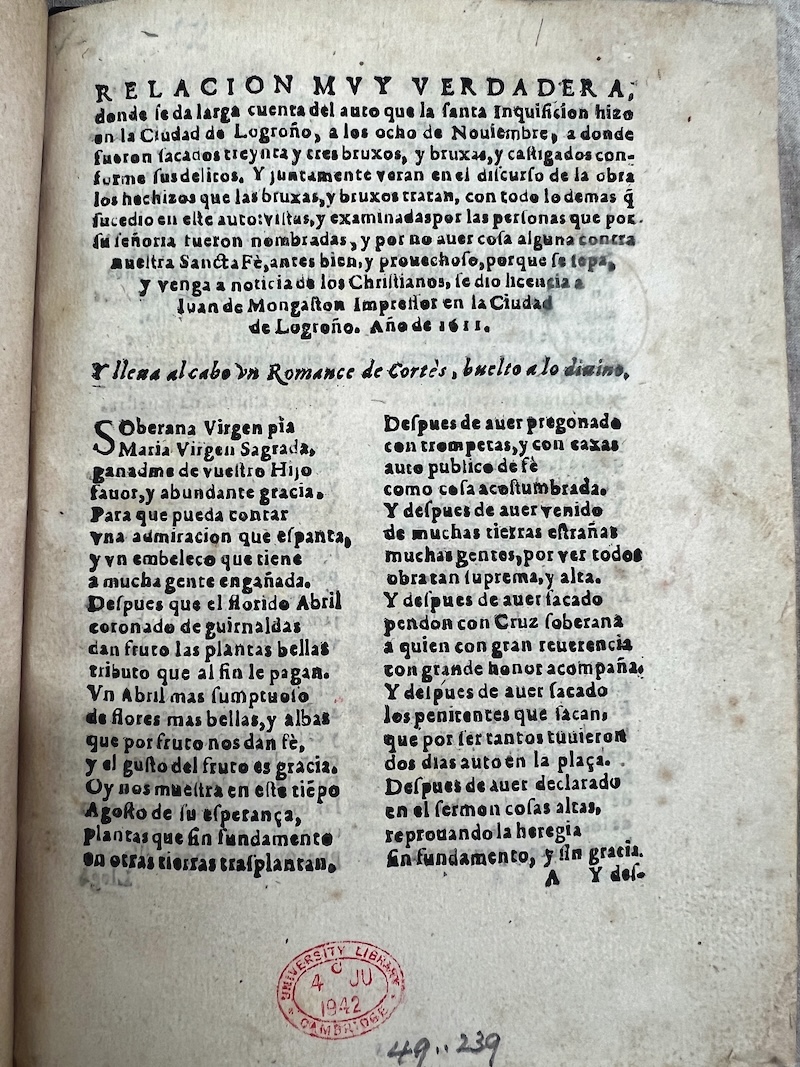 The first page of the Logroño auto de fe ballad, 1611. Cambridge University Library.