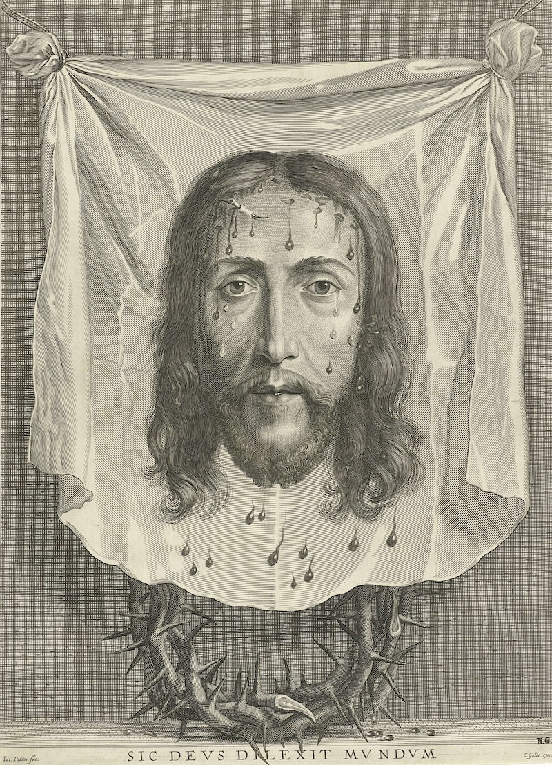 The sudarium  of St Veronica, engraving by Jacob Pitau after Nicolas de Plattemontagne and Phillipe de Champaigne, c. 1654-61. Rijksmuseum. Public Domain.