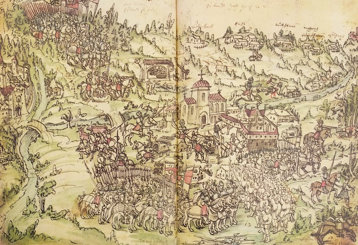 Swabian League troops force the capitulation of the peasants of Ummendorf, from Murer’s Weissenau Chronicle, 1525.. Ziereis Facsimiles, www.facsimiles.com.