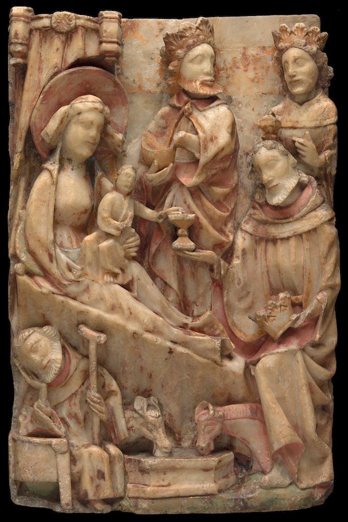 The Adoration of the Magi, showing them with crowns, English medieval alabaster, c. 1450-1500.