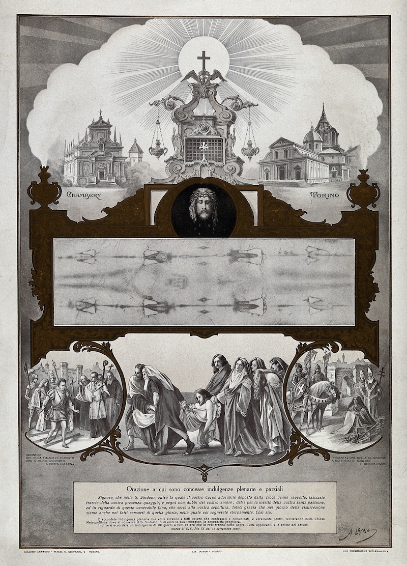 The Shroud of Turin and scenes showing its purported origins, by A. Layolo. Wellcome Collection. Public Domain.