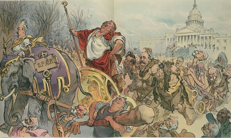 ‘Ave Theodore!’, a cartoon depicting Theodore Roosevelt as a Roman emperor, from Puck magazine. Library of Congress. Public Domain.