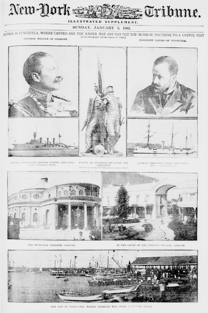 ‘Scenes in Venezuela, where Castro and the Kaiser may any day put the Monroe Doctrine to a useful test’, New York Tribune, 5 January 1902. Library of Congress. Public Domain.