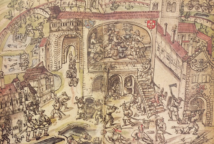 Peasants attack Weissenau Abbey, from Jakob Murer’s Weissenau Chronicle, 1525. Ziereis Facsimiles, www.facsimiles.com.