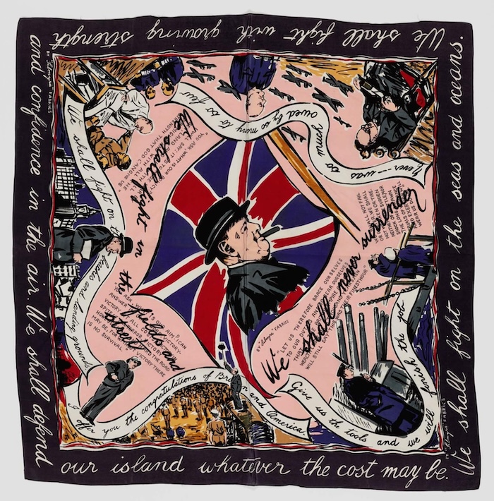 A scarf commemorating one of Winston Churchill’s  artime speeches, c. 1942. Museum of Fine Arts, Boston. Public Domain.