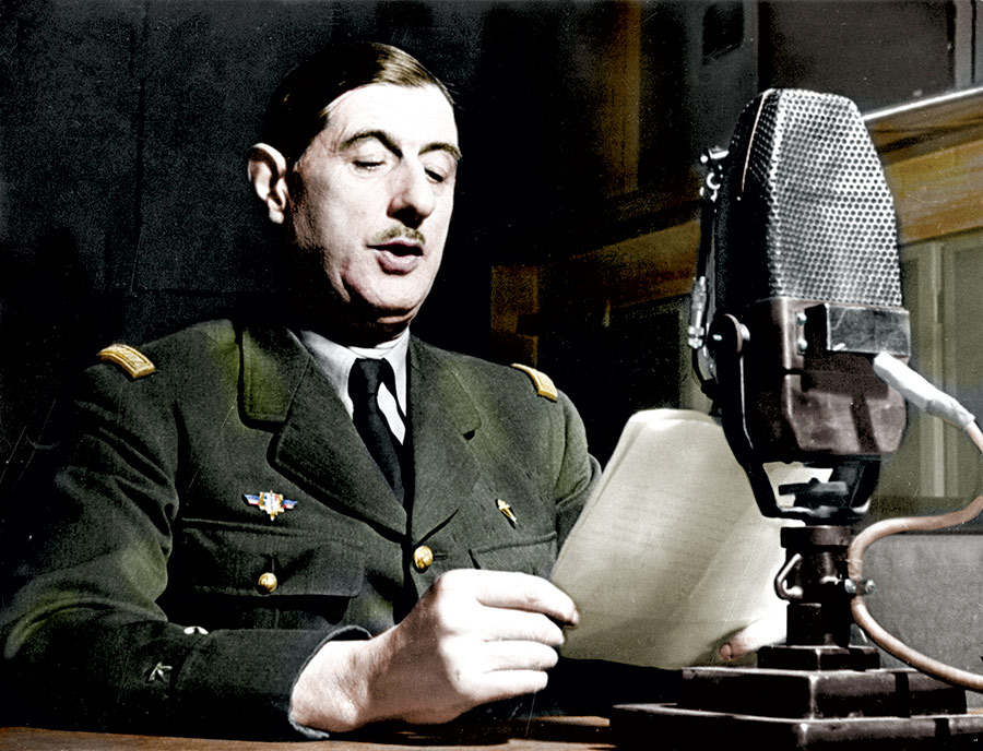 General de Gaulle on 18 June 1940 in the recording studio of the BBC at Broadcasting House, London.