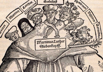 Detail from the title page of The Seven Heads of Martin Luther, by Johannes Cochlaeus. Engraving by Hans Brosamer, 1529.