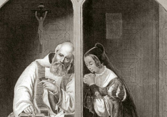 ‘The Confession’ by Stahlstich Wrankmore, steel engraving, 1847. 