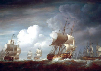 A Fleet of East Indiamen at Sea, by Nicholas Pocock, 1803. These large ships were armed and often sailed in convoy in eastern seas without warship escort.