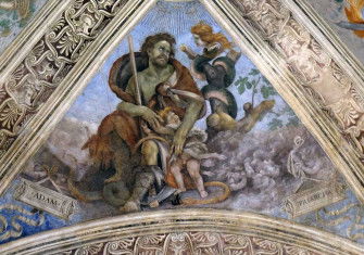 Adam protecting a child from the snake, identified as Lilith. Fresco in Strozzi Chapel by Filippino Lippi, Florence, 15th century.