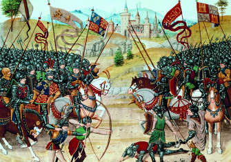 The Battle of Nájera, fought by King Peter against Henry Trastámara, 3 April 1367, from a 15th-century manuscript of Jean Froissart’s Chronicles.