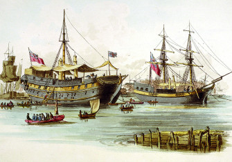 Prison hulks on the Thames, by William Henry Pyne, 1805.