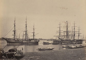 Ships anchored at Calcutta in the decades after the route to India was by opened to steamships, by John Edward Saché, 1865. The J. Paul Getty Museum. Public Domain.