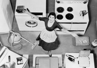 A woman models kitchen appliances in the late 1950s. From the Carolina Power and Light Photo Collection, State Archives of North Carolina. Public Domain.