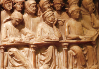 Carving of medieval university students on the tomb of the scholar Giovanni da Legnano, Bologna, 14th century. Sailko (CC BY 2.5).