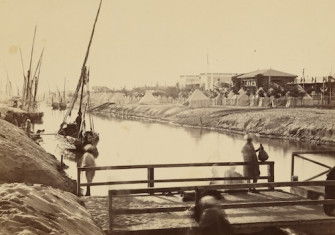 view of the Suez Canal, opposite the governor’s palace, by Justin Kozlowski, c. 1869. J. Paul Getty Museum, Los Angeles. Public Domain.