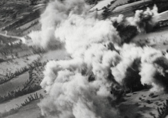 An attack by the Lorraine squadron on the Mûr-de-Bretagne transformer station near Guerlédan, Brittany, 26 August 1943. Mirrorpix.