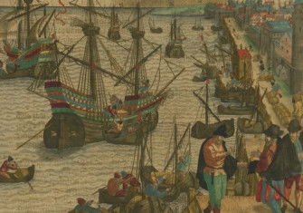 A ship departs Lisbon for Brazil, 1593. John Carter Brown Library. Brown University. Public Domain.
