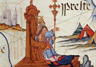 Prester John enthroned on a map of East Africa. Detail from 16th century atlas.