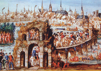 King Henry's formal entry into Rouen in 1550, showing the Brazilians' performance in his honour in the 'jungle' outside the city walls