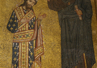 Detail of the mosaic with Roger II receiving the crown from Christ, Martorana, Palermo.