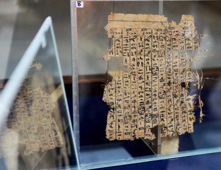 Papyrus containing the diary of Merer from day 19 to 25 (read right to left) at the Wadi al-Jarf exhibition, Cairo Museum, 2016.