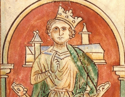 King John with his unsteady crown, from Matthew Paris’ Chronicle of England, c.1250. British Library/Bridgeman Images.