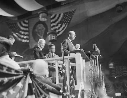 Senators Thomas J. Walsh (Montana) and Pat Harrison (Mississippi) on the podium at the Democratic National Convention, New York, 25 June 1924. Library of Congress. Public Domain.