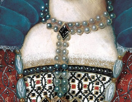 detail from a portrait of Anne of Denmark wearing a jewel with a large diamond, possibly the ‘Great Harry’, unknown artist, c.1600. Government Art Collection.