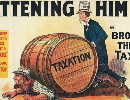 ‘Flattening Him Out or Broadening the Basis of Taxation’, anti-tariff poster. LSE Library. Public Domain
