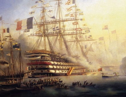 Napoleon III receiving Queen Victoria on board La Bretagne, 6 August 1858, at the port of Cherbourg, by Antoine Léon Morel-Fatio, 1859. Heritage Images/TopFoto.